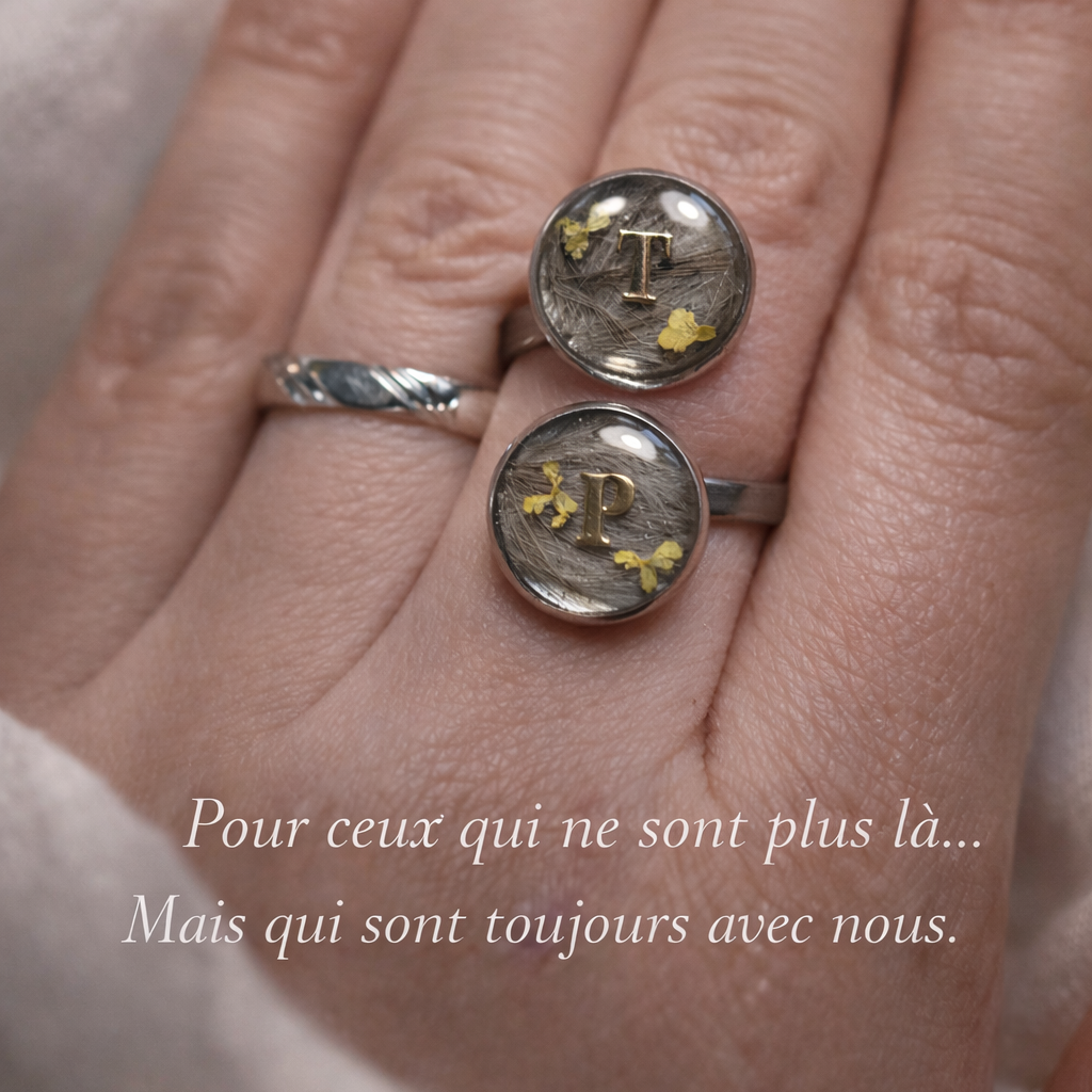 Bague en acier inoxydable, bijou en résine peut contenir lait maternel, mèche de cheveux, poils/ cendres d'animaux.
